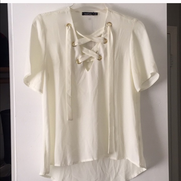 Off White Cream Lace Up Blouse Top Gold Details - Picture 1 of 2